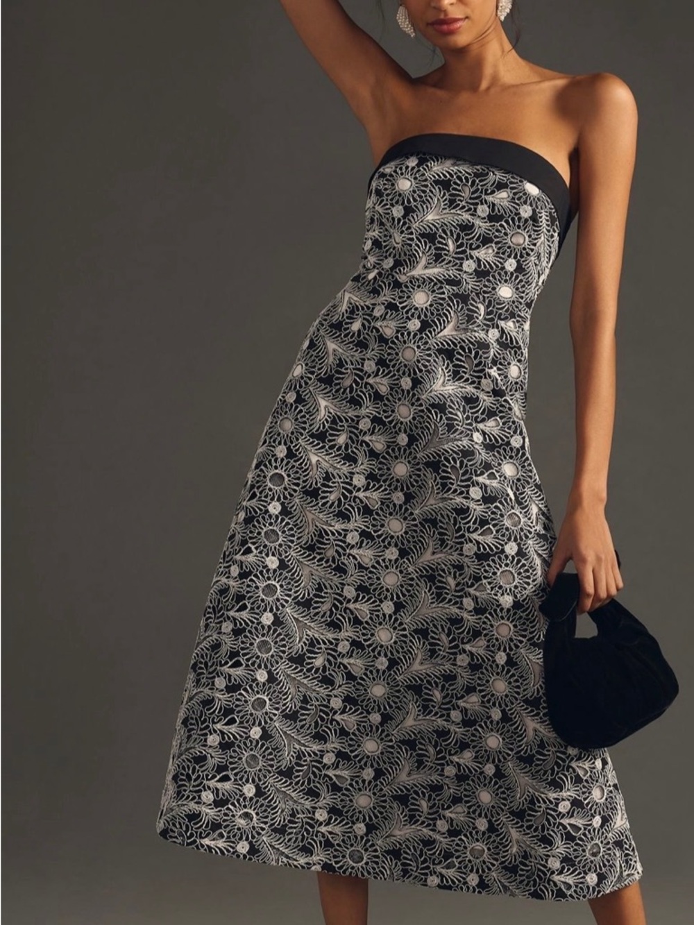 Maeve Strapless Black Dress with White Floral Embroidery